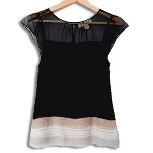 CHIANA 100% Silk Tiered Layered Raw Trim Elegant Black & Cream Women's Top Sz S